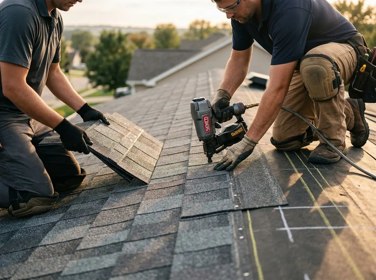 Professional roofer working on a residential roof in Crookston